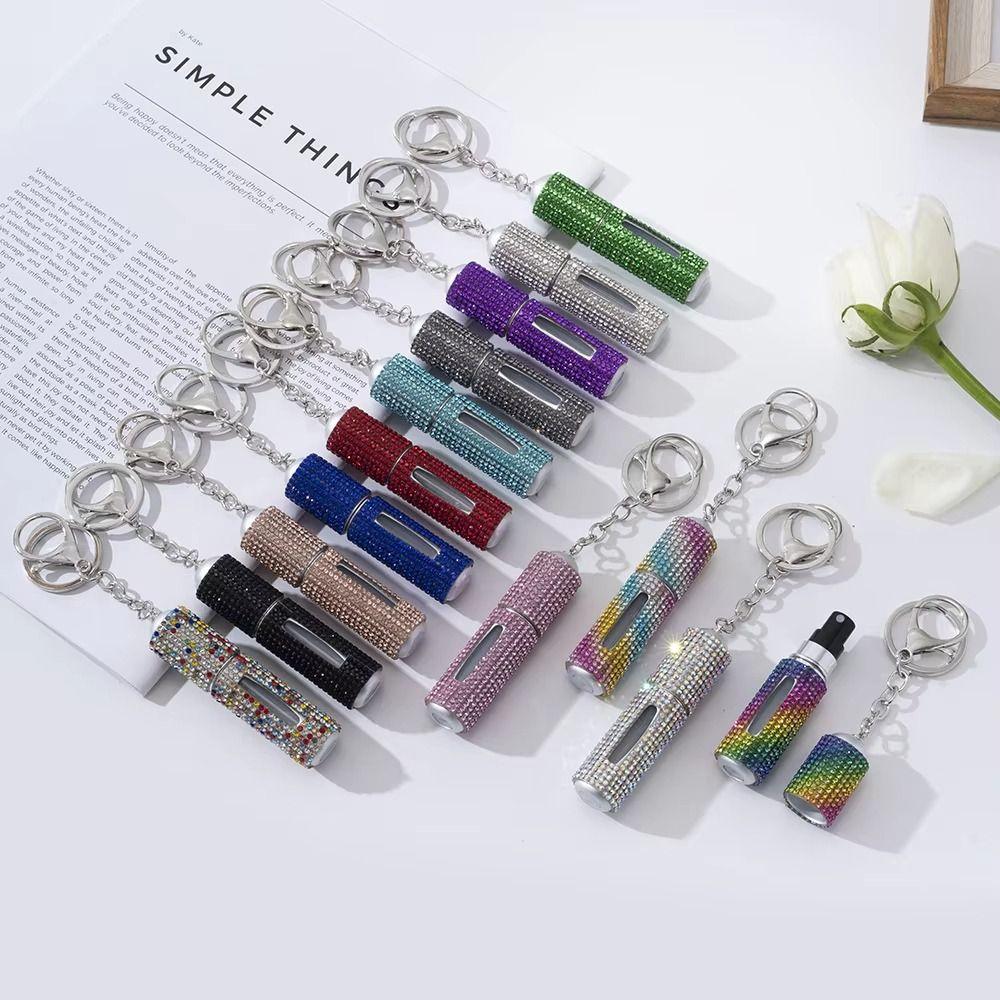 Exquisite Bottom Refillable Keychain Bottle 5ml Crystal Key Ring Atomizer Rhinestone Portable Spray Bottle For Travel