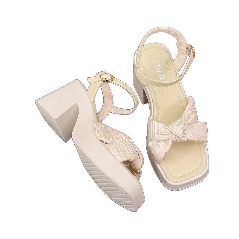 Coarse Heel with Sandals Women's Skirt New Summer Bow Temperament High Heel Sandals