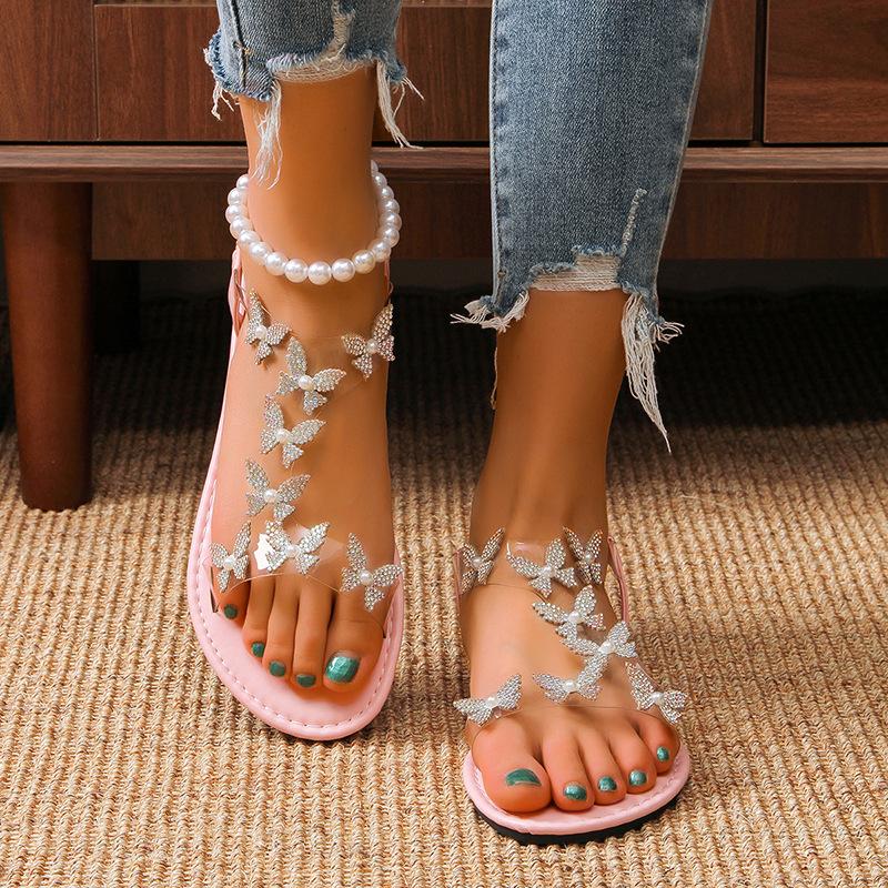 Kadın Yapay Elmas Kelebek Dekor Düz Sandalet, Günlük Burnu Açık Yaz Ayakkabı, Hafif Elastik Bant Sandalet