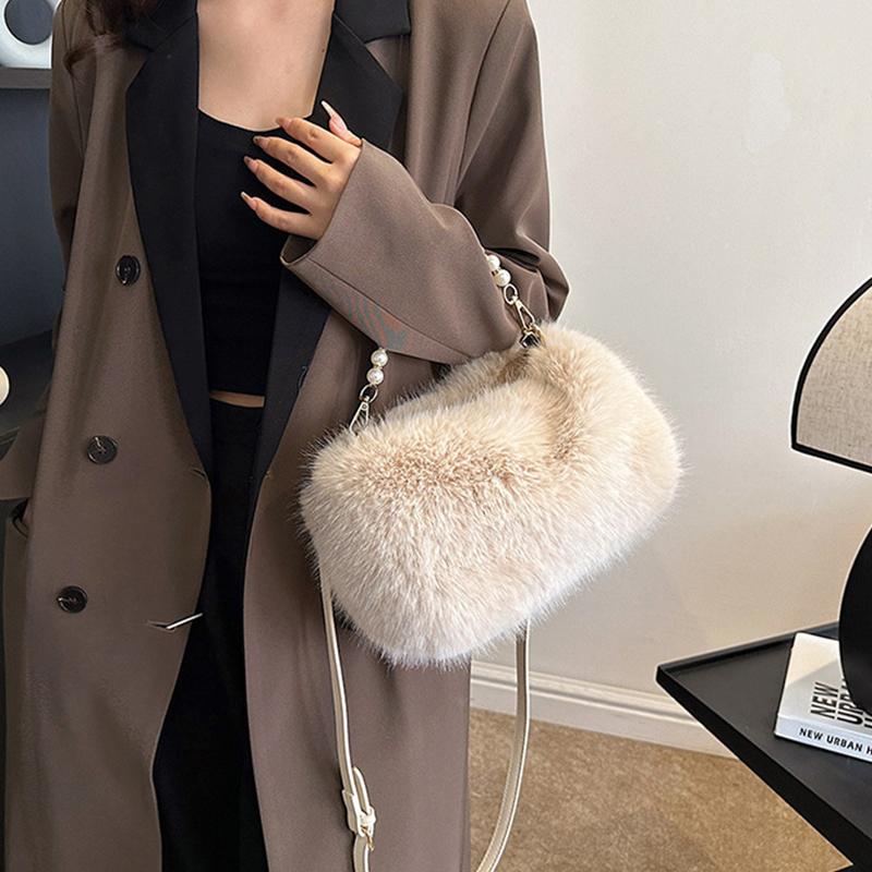 Yogodlns Winter Fashion Women's Faux Fur Shoulder Bags Candy Color Pearl Handle Crossbody Bag Small Fluffy Female Pillow Handbags