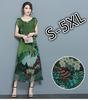 Summer Green Vintage Floral Print Dresses Women O-Neck Short Sleeve Silk Dress Size Plus S-5XL