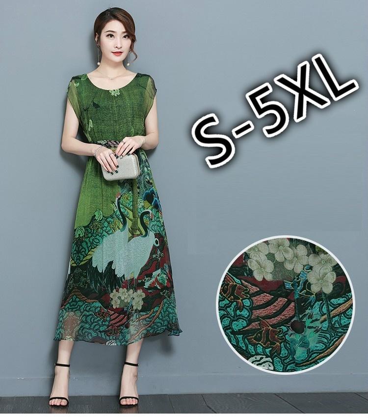 Summer Green Vintage Floral Print Dresses Women O-Neck Short Sleeve Silk Dress Size Plus S-5XL