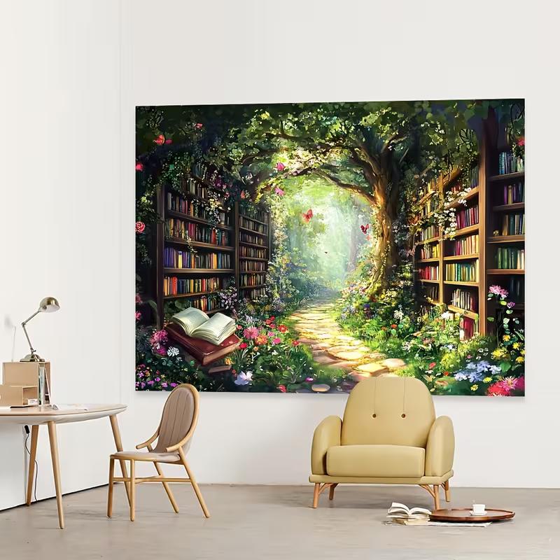 2D Fairy Tale Enchanted Bookshelf Forest Tapestry, Wall Decor for Wedding & Events