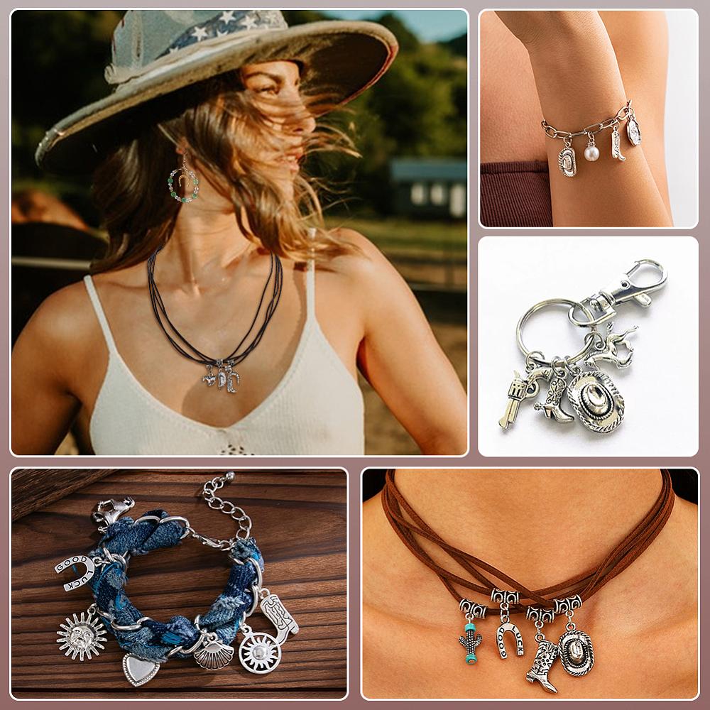 120Pcs 24 Styles West Cowboy Theme Alloy Enamel Pendants Sets Mixed Shapes Mixed Color 11.5~22x11~21x2~6mm Hole: 1.2~2.5mm
