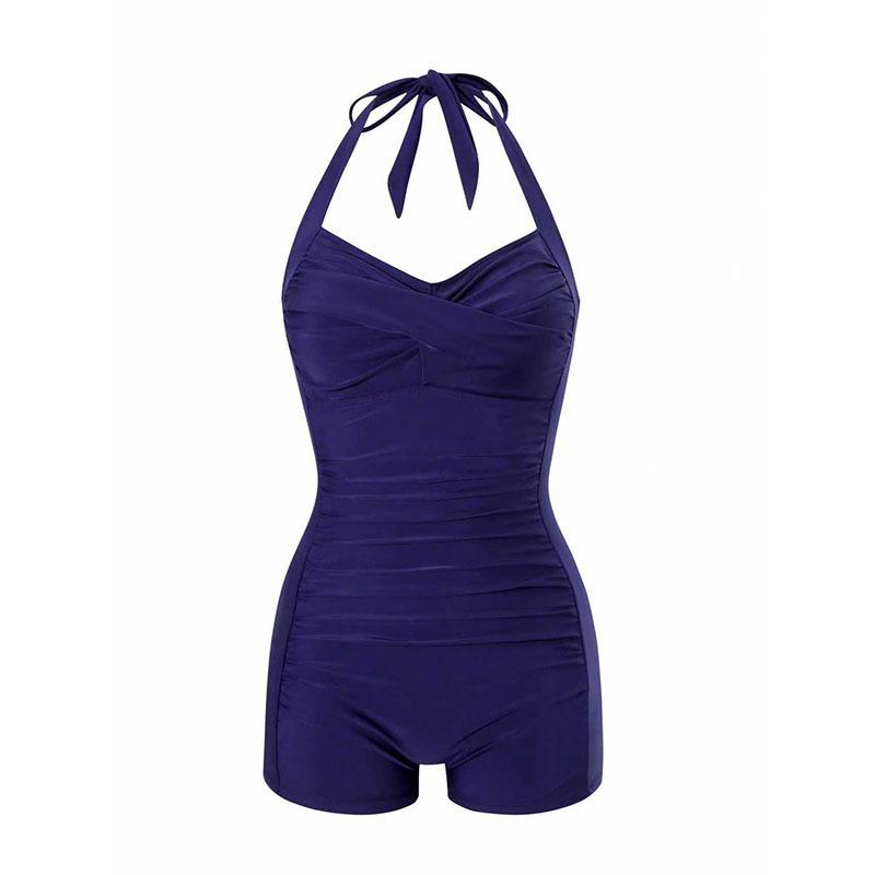 Women Lace Up Solid One Piece Modest Tummy Control Beach Swimsuit