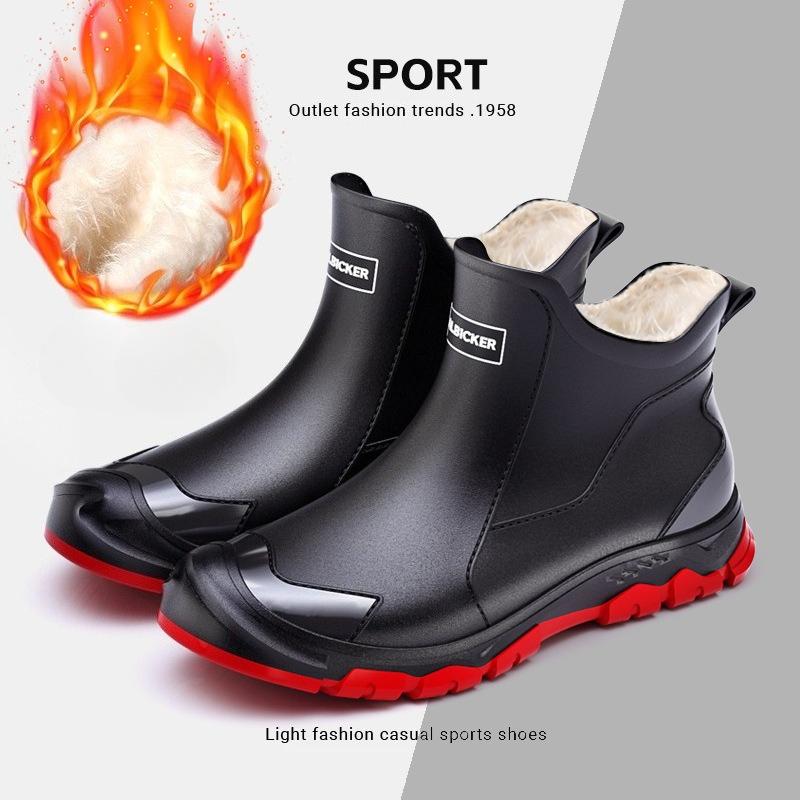 Men's Waterproof Rubber Rain Boots - All Seasons (Spring/Autumn/Winter) with Fleece Lining, Durable Large Size Work Safety Shoes