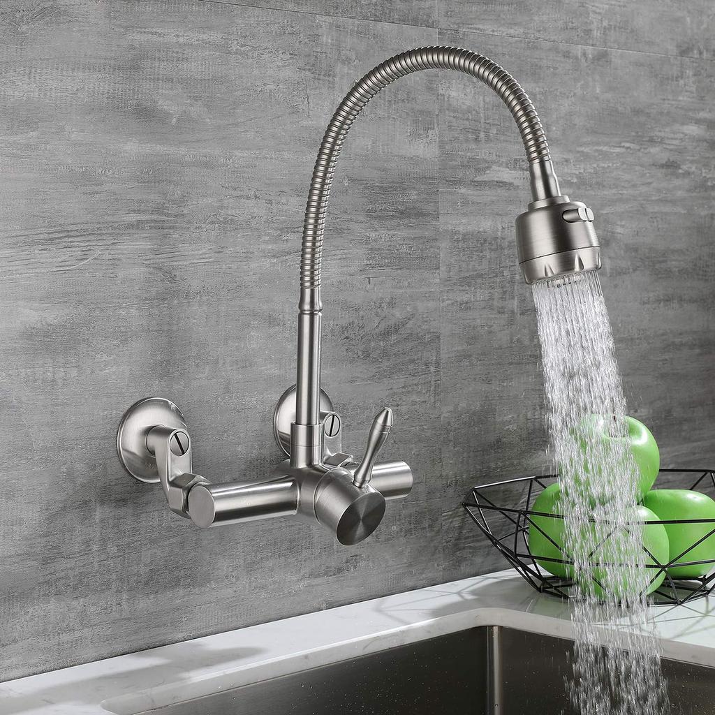 WAZZJ Kitchen Wall Faucet Brushed Nickel Wall Mounted Faucet 3" to 9" Adjustable Spread