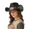Urlaubshut im Western-Stil für Damen und Herren, strohfarbener Bohemian-Hut mit Farbverlauf und türkisfarbener Stickerei, breite Krempe, Sonnenschutz