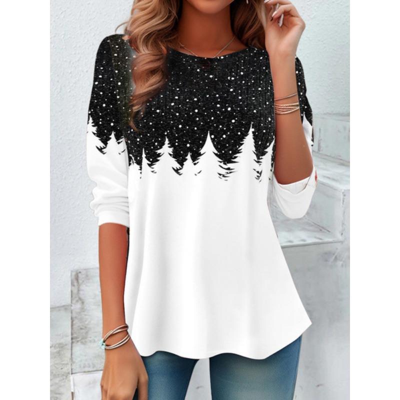 Round Neck 3D Flower Geometry Pattern Printed Top Fashionable Casual Long Sleeved Women's T-shirts