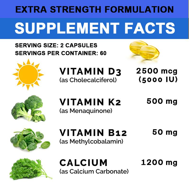 Capsule Complesso di Calcio con D3 K2 B12, 2000 mg per Porzione, 120 Capsule Integratore Alimentare