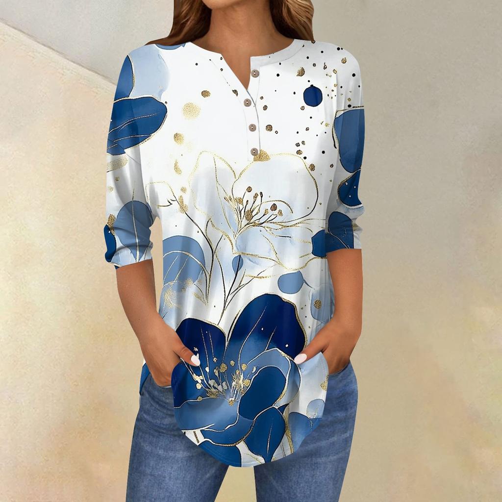 Women's Fashion Loose Button Collar Print 3/43/4  Sleeve T-Shirt Tops Pullover