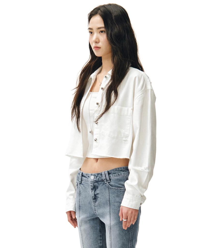 Deketeuumeon Cropped Damage Denim Shirts Dcwsh004White
