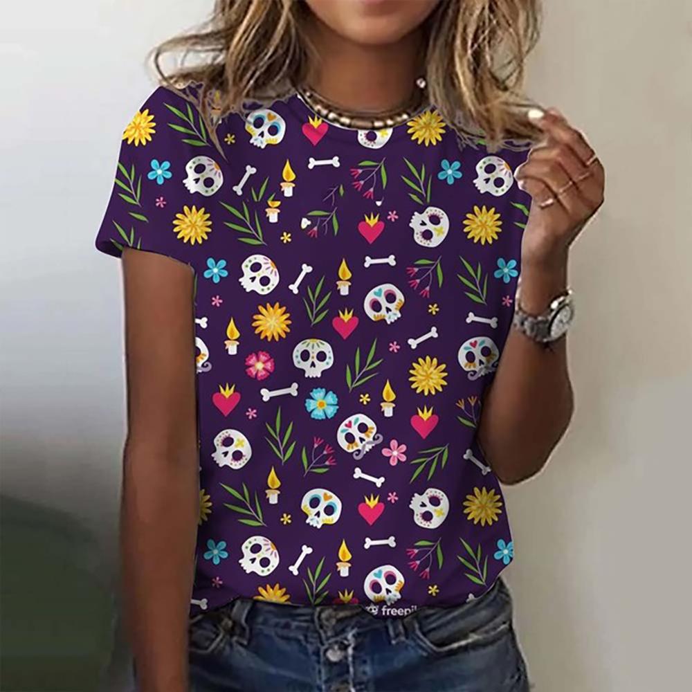 Funny Sugar Skull 3d Print Womens T Shirt Anime Cartoon Anime Mexico Summer Day of the Dead T-shirt For Men Women's Tops