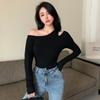 Fashion Off-the-shoulder Long Sleeved Knitted T-shirt Spring Autumn Black Oblique Collar Short Inner Casual Tshirs Elegant Basic Slim Fit Clothing