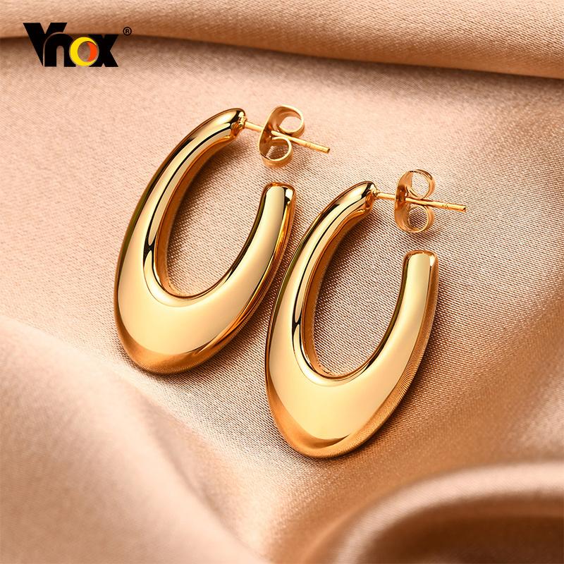 Vnox Women Chic Geometric Hoop Earrings,Gold Color Stainless Steel Big Round Ear Clip Jewelry,Anti Allergy Metal Party Accessory