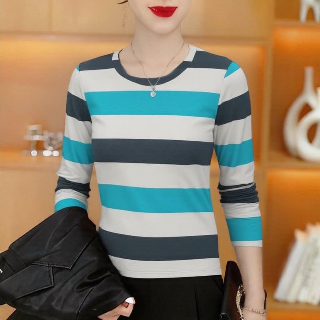 Striped Slim Fit Long Sleeve Women’s Top – Age-Defying, Tummy-Concealing, Flattering Fashion for Middle-Aged Women L