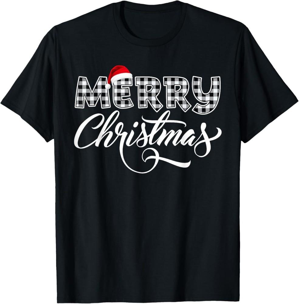 Merry Christmas Buffalo Black and White Plaid for Men Women T-Shirt