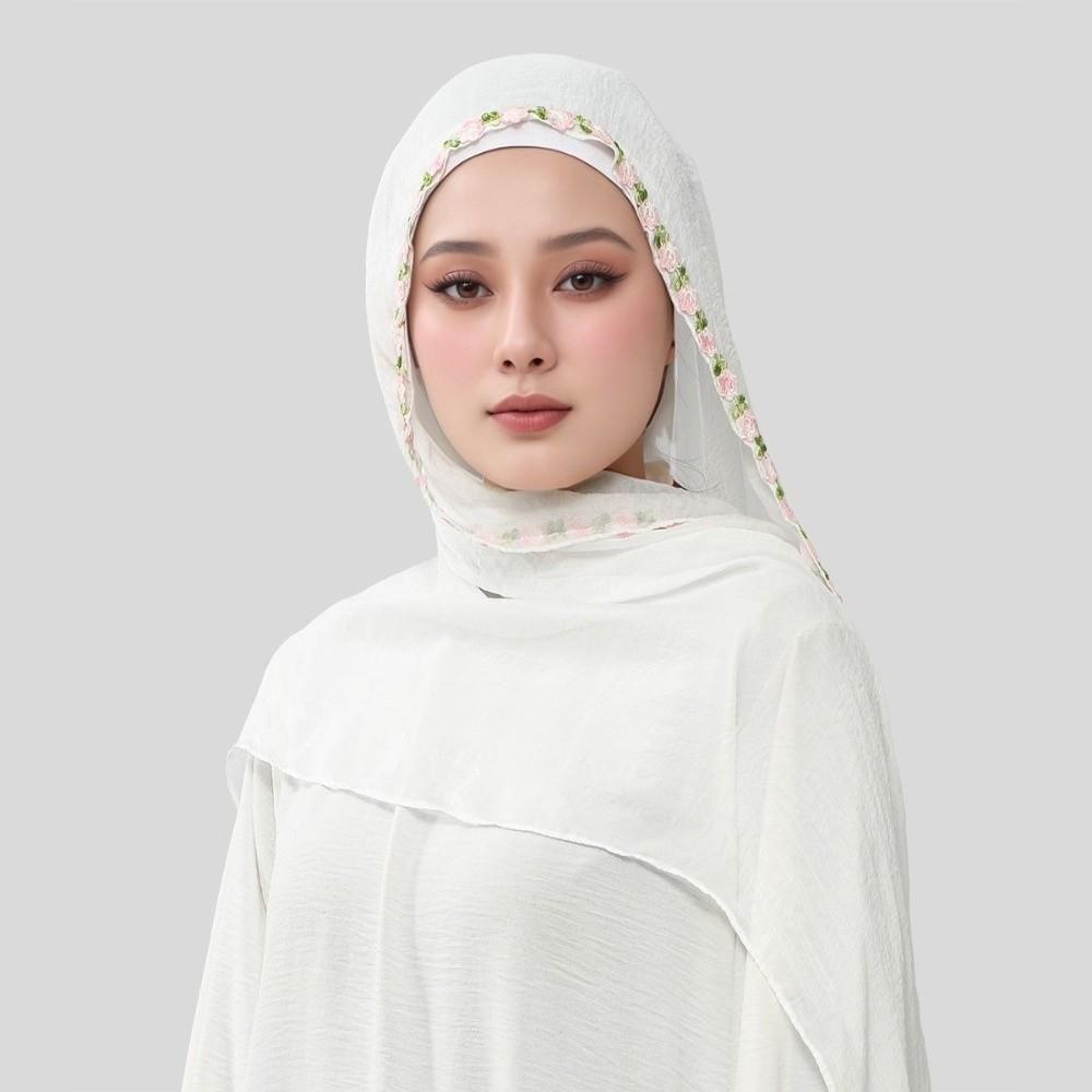 Solid Color Chiffon Hijab Elegant Turban Headscarf Soft Rose Embroidered Shawl Prayer