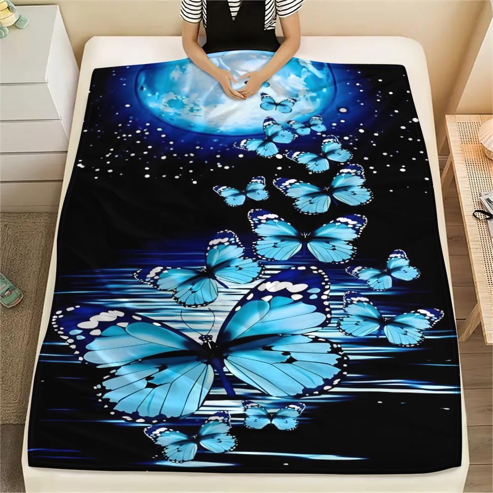 1Pc Blue Butterflies Print Flannel Blanket, High Quality Comfortable for All Seasons, Home Decor, Warmth and Comfort, Perfect for Christmas Gifts