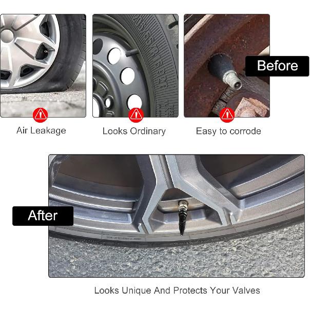 SINGARO 60mm Spiked Valve Caps,Aluminum Alloy Dustproof and Waterproof Tire Valve Stem Caps, Suitable for Cars, Trucks and Motorcycles (4PCS Black)