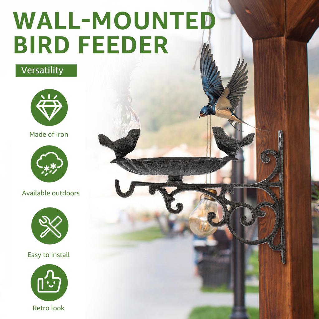 Wall Mounted Bird Bath Cast Iron Bird Feeder Gardens Decoration Elegant Fence Tree Mount Bird Feeder Mesh Seed Tray for Outdoor