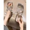Slippers women's thick heel outer wear summer new rhinestone travel crystal middle heel sandals one-word sandals