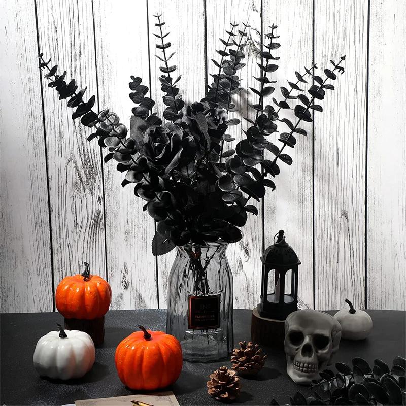7 Branches Artificial Black Eucalyptus Leaves Plastic Plants Persian Fern Halloween Fake Flower Bouquet Home Office Decoration