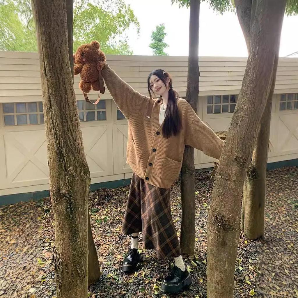 Women's Retro Plaid Three-Piece Set: Sweater Coat, T-Shirt, and A-Line Midi Skirt