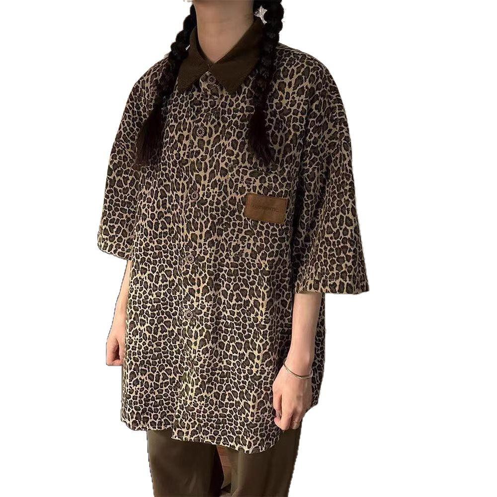 American Retro Vintage Leopard Print Polo, Three-Quarter Sleeve Shirt - Hip-Hop Summer Trend, Stylish Streetwear.