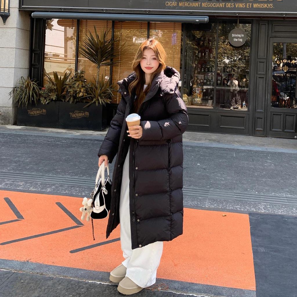 Damska Zimowa Długa Kurtka Puchowa - Za Kolano, Z Kapturem, Gruba, Ultra Ciepła, 95% Białego Puchu Kaczkowego (400g)