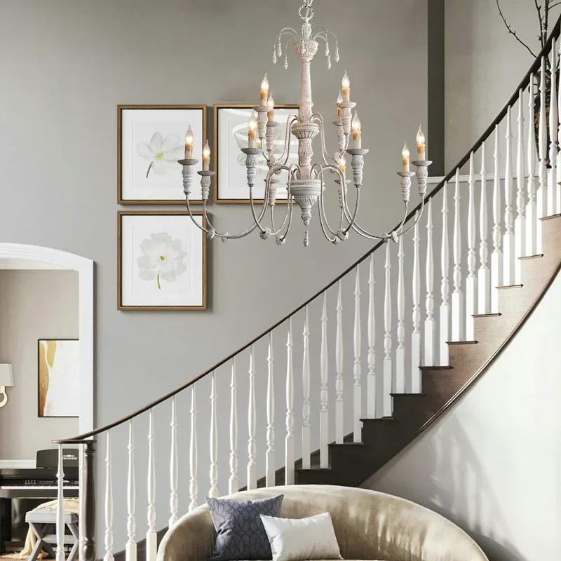 Solid Wood Carving Wooden Art French Style Chandelier Restaurant Villa Hall Bedroom Retro American Countryside Pendent Lights