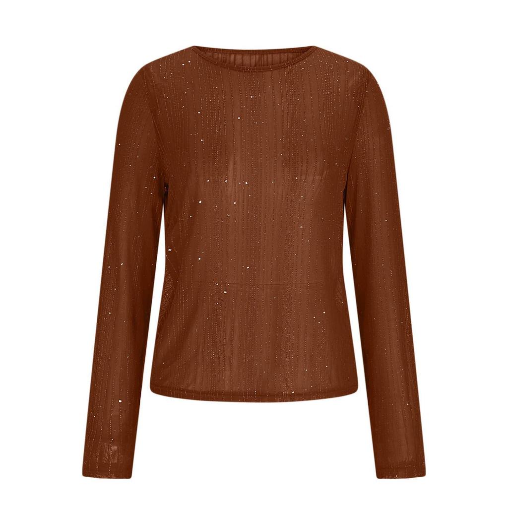 Women's High-Neck Sequin Long Sleeve Top - Spring/Autumn 2026, Stylish & Transparent Inner Layer