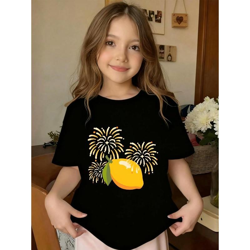 European sizes Featuring a Cartoon Lemon Fireworks Print, This Trendy and Fashionable T-shirt Is Casual and Comfortable, Perfect for Girls
