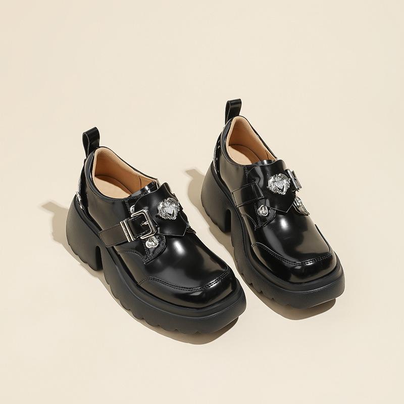 

Autumn and winter new high-heeled thick-soled small man heightening leather shoes sweet and cool casual Mary Jane women s shoes 35 чёрный
