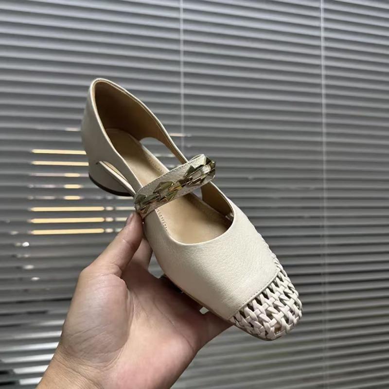 Square Toe Weave Shoes Women Chain Heeled Sandals Summer 2025 Trend Shallow Dress Woman Loafers Casual Soft Leather Sandalias