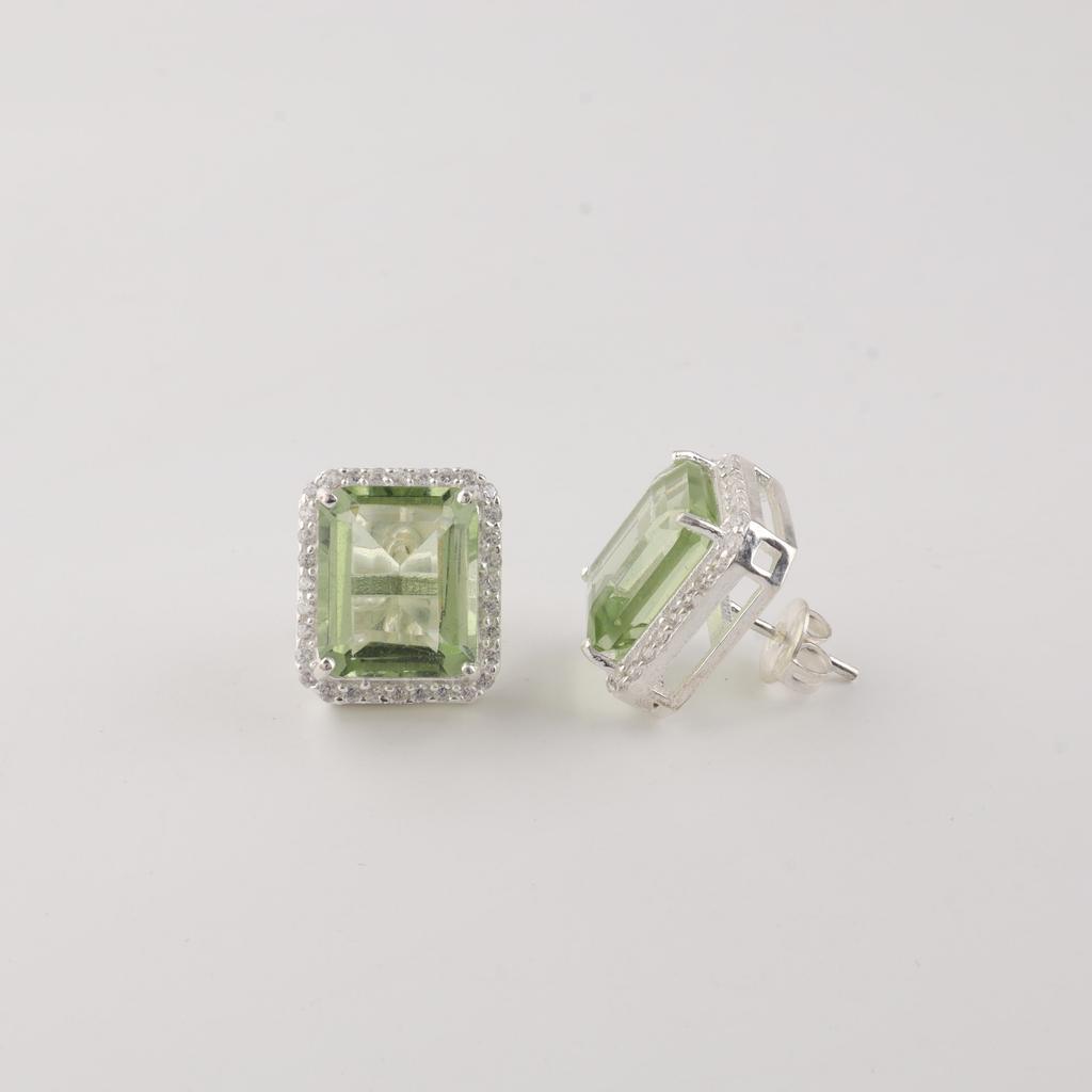 Green Amethyst Gemstone 925 Sterling Silver Jewelry Designer Studs Earring 0.57" For Anniversary Gift CZE-6-14