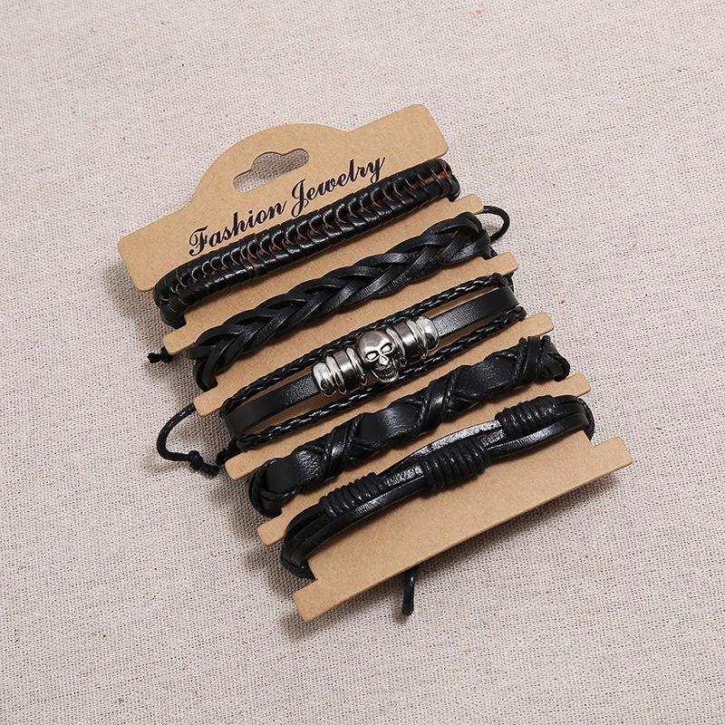Hot Selling Punk Style Vintage Leather Bangle Set Handmade Mens Bracelets with Skull Accessories Fashionable Jewelry Accessory