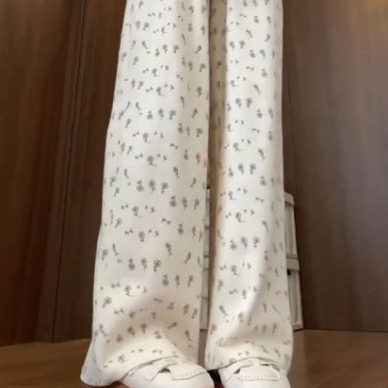 Floral Print Drapey Athletic Pants for Women - Summer Thin Wide-Leg High-Waisted Loose Versatile Straight-Leg Casual Trousers