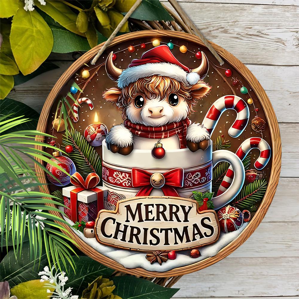 Christmas decoration sign,hanging decorations,2D flat Wooden product with The pattern of a calf in the cup,Christmas gifts for friends and family