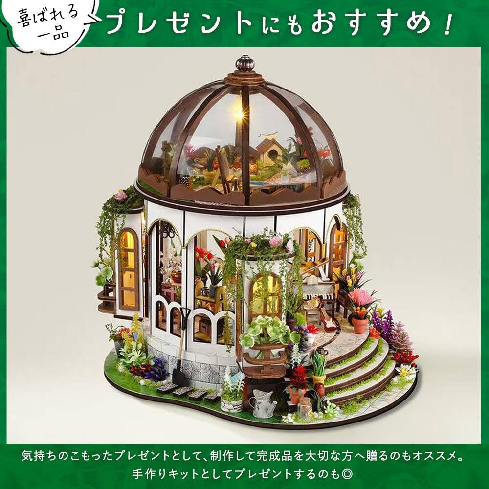 Moin Moin Dollhouse Miniature DIY Kit Set Scale Glass Dome Greenhouse Florist Garden Greenhouse Flowers Round LED Light 2508dh466 [English