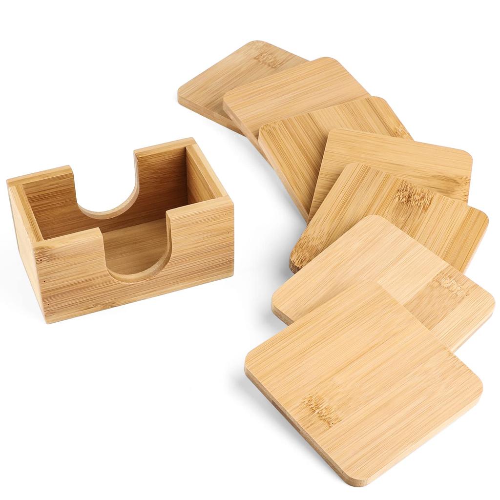 Set of 6 Natural Bamboo Coasters, Cup Pads, and Cup Mats with Bamboo Storage Case. Insulated, Quick-Drying, Non-Slip, 9.5cm x 9.5cm.