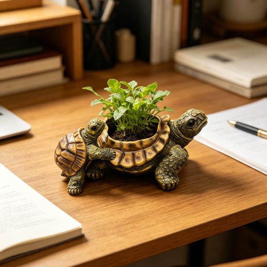 Small Turtle Planter Resin Turtle Shaped Flower Pot with Drainage Holes Cute Animal Cacti Pots for Office Home Desktop Decor