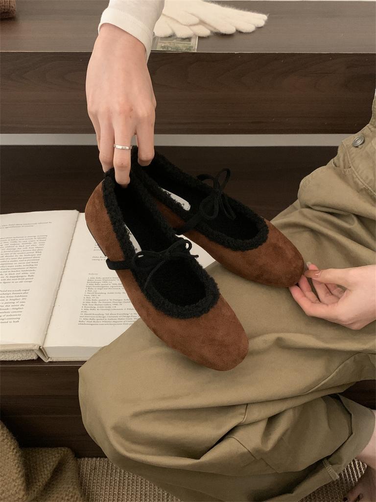 French flat-bottomed retro suede square head velvet Mary Jane shoes women's autumn and winter new one-pedal thermal cotton ladyshoes