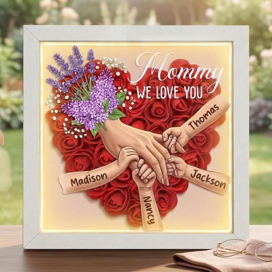 Personalized Mommy Holding Hands Shadow Box with Ring And Manicure Custom Names Floral Heart