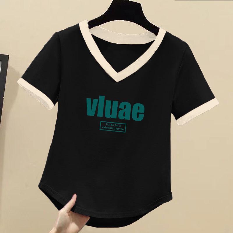 

Женская летняя хлопковая футболка с V-образным вырезом большого размера – Приталенный топ с коротким рукавом 2XL (Recommended 120-130 lbs)