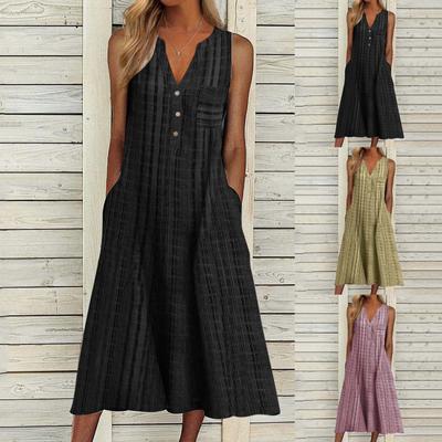 Lässiges Sommerkleid für Damen mit Streifen, Knopfleiste und V-Ausschnitt, ärmellose Tasche, Urlaubskleid