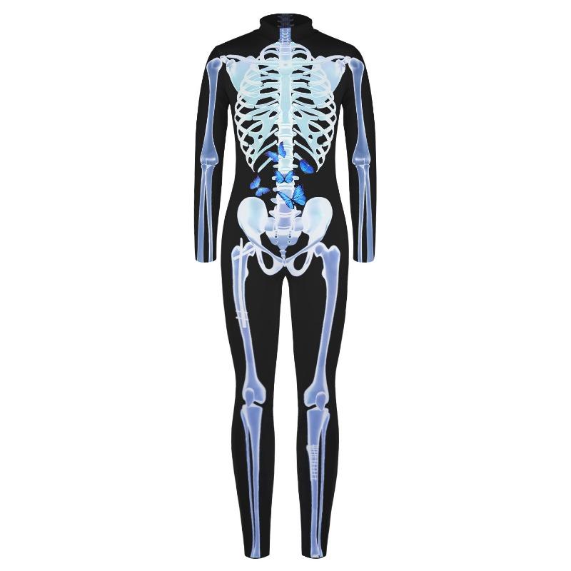 Painted Gold Skull Skeleton 3D Print Cosplay Costume Sexy Jumpsuit Halloween Bodysuit Adult Carnival Party Monos Mujer