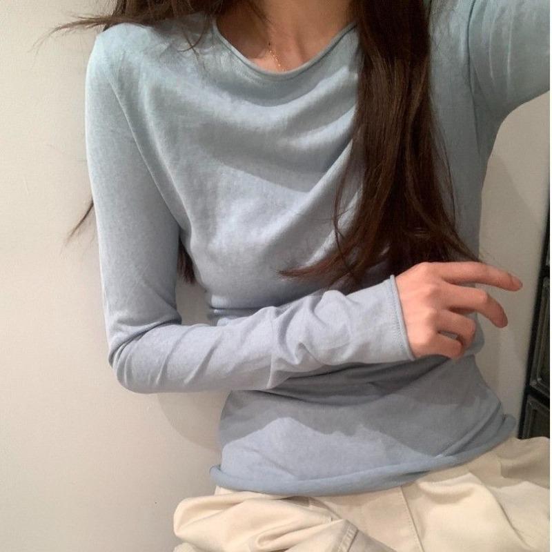 Korean Style Long-sleeved Rolled Hem Top T-shirt Lazy Style Slim Fit Versatile Sun