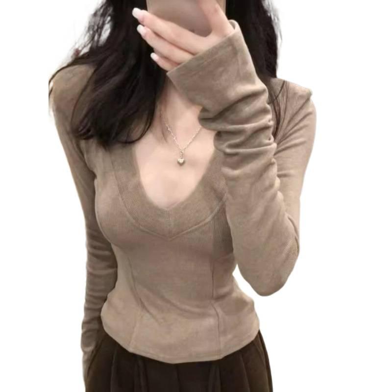 Pure Desire Sexy V-neck Front Shoulder Long-sleeved T-shirt Women's Autumn and Winter Korean Version Slim-fit Inner Bottoming Shirt Velvet Warm Tide