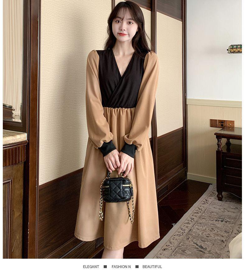 Autumn new Korean version temperament waist thin dress French retro V-neck splicing fake two-piece medium and long dress